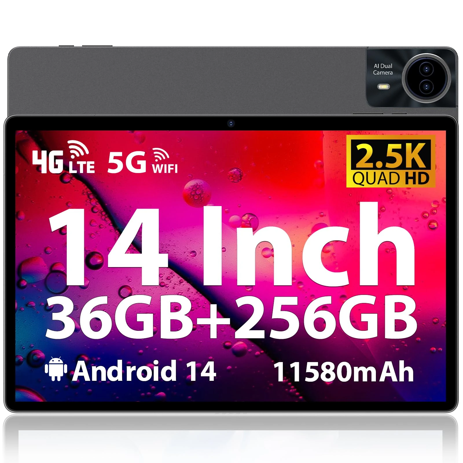 Android 14 Tablet, 14 Inch 2.5K Display, 36GB+256GB/TF 1TB, Octa-Core, 11580mAh, Quad-speaker, Slim Metal Large Tablet with Dual SIM 4G LTE/5G WiFi/BT5.0/GMS/GPS/13MP, Case/Stylus/Earphone Included