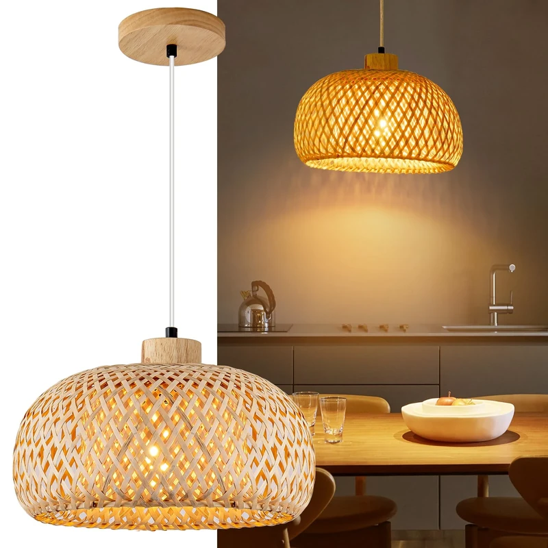 Mikeru Hand Woven Pendant Light, 45cm Bamboo Pendant Light, Bohemian Natural Bamboo Farmhouse Chandelier for Dining Room, Kitchen, Cafe, Bar, Tea Room