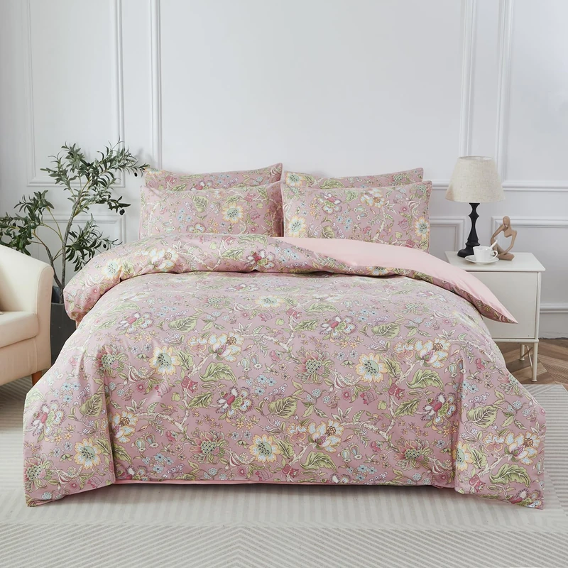 URBONUR Full Duvet Cover Set Soft 100% Cotton Floral Blush Pink Wildflower Comforter Cover, Button Closure and Corner Ties (3Pcs, Vintage Floral, Full)