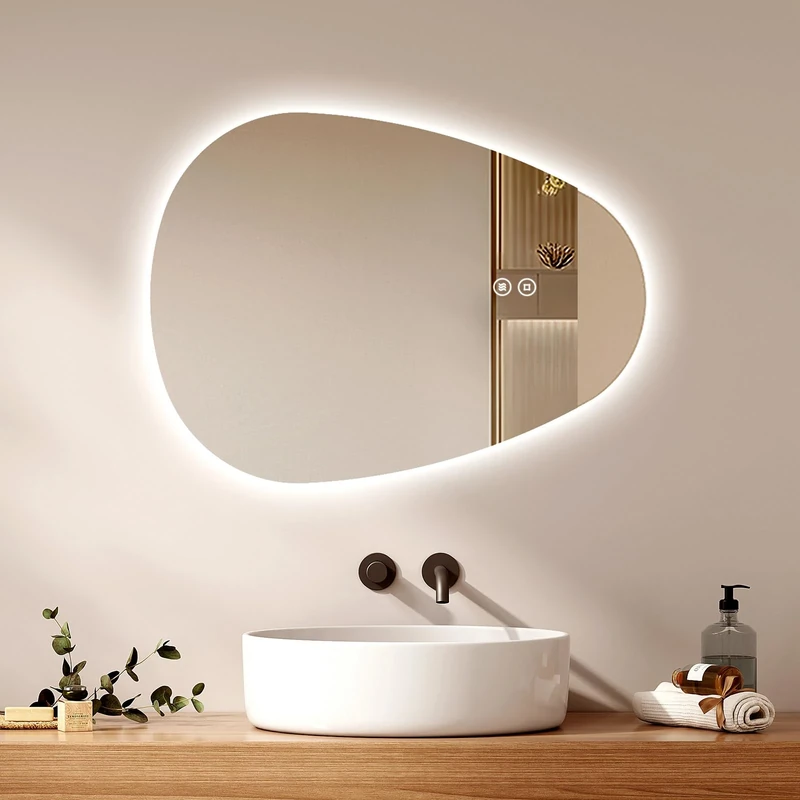 EMKE Asymmetrical Bathroom Mirror with LED Lights 60 x 45 cm, Irregular Smart Demister Pad, 3 Colours Dimmable, Touch Switch Memory Function Lead