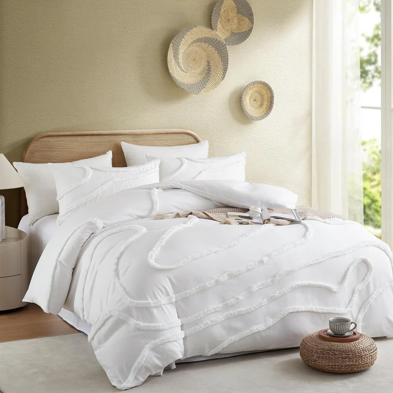 Cupocupa King Size Comforter Set;Beige Boho Tufted Lightweight Bedding Set 3PCS Comforter Soft Jacquard Comforter with 2 Pillow Cases for All Season