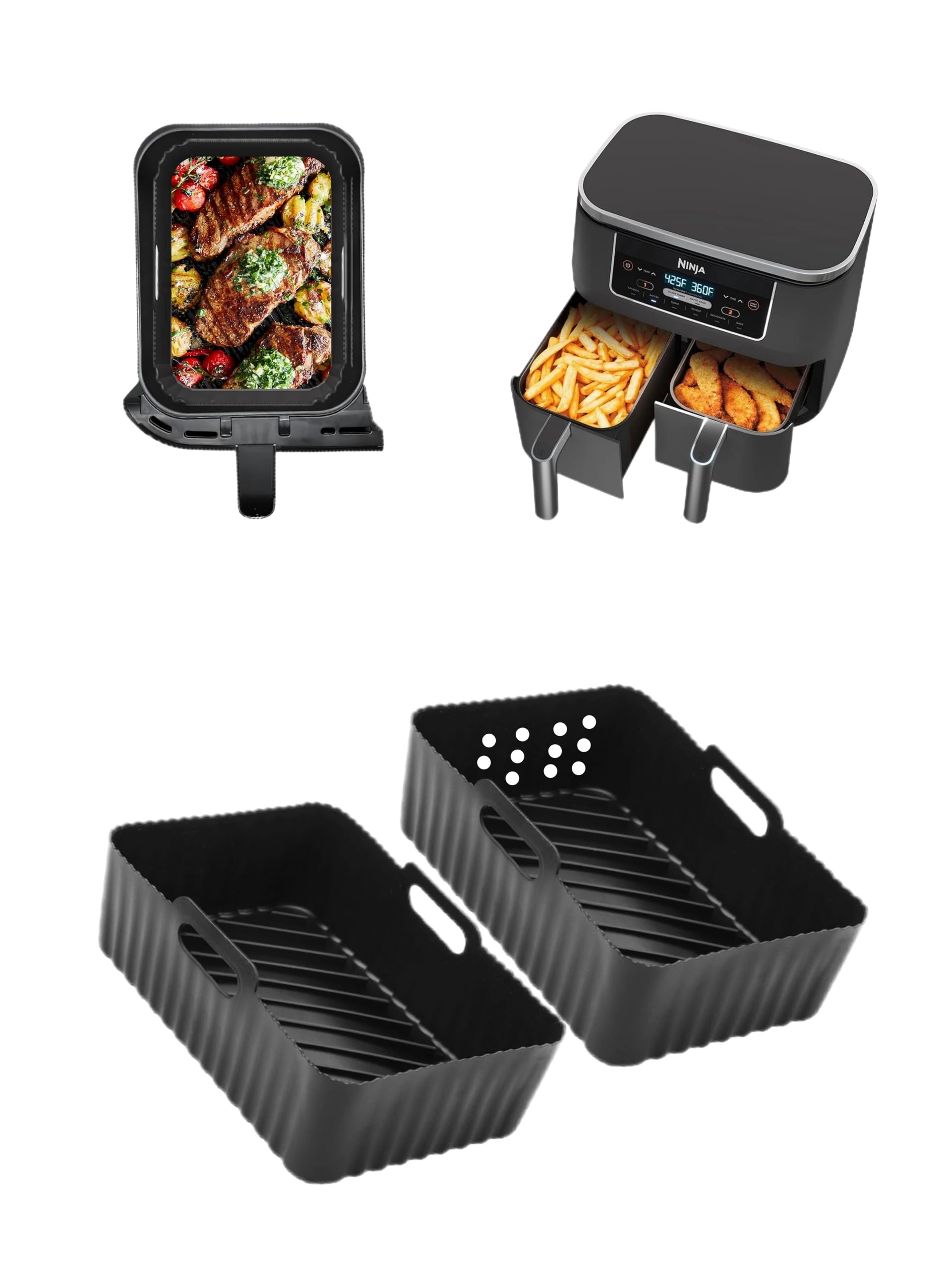 Silicone Air Fryer Liners for Ninja AF451UK/AF400UK/SL400UK 9.5L,2Pcs Silicone Air Fryer Liner forTower 9L/EMtronics 8.5-9.5 L Dual,Reusable Air Fryer Accessories,a Split of Dry&Wet Airfryer Liners