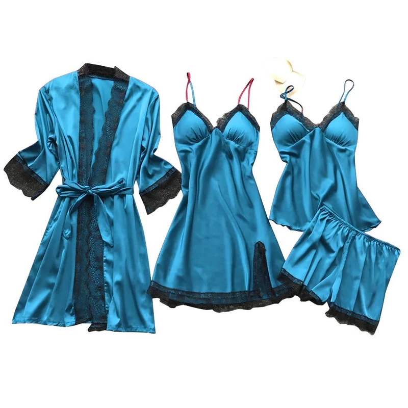 Underwear Night & nbsp; Baby Pill Women Lace Robe Set Pyjamas Night Dress Silk Lingerie Set with Suspenders, lightblue, M - Image 1