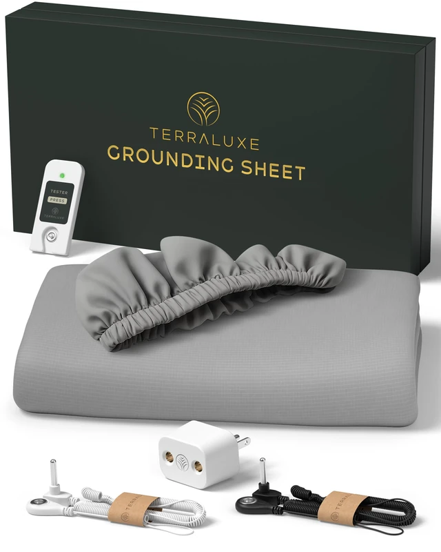 Terraluxe Grounding Bed Sheet (King - 78Wx80L), Organic Cotton 94%, Pure Silver 6%, GOTS Certified, Gray, Cool, Soft, Breathable, Durable, with Tester & 2 Cords, Earth Connecting Fitted Bedding