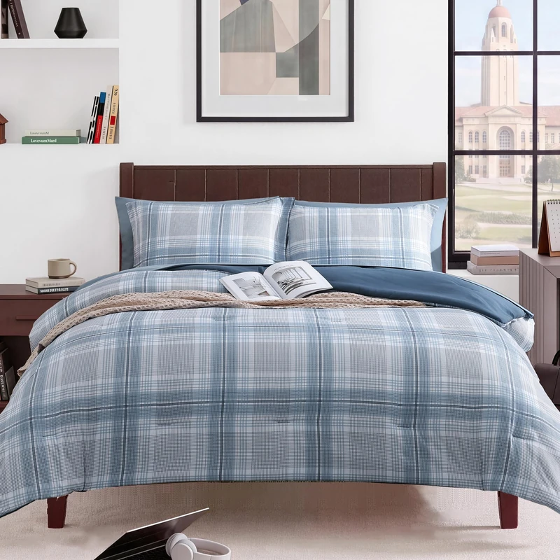 MaiRêve Plaid Full Size Comforter Set Light Blue 7 Pieces Bed in a Bag