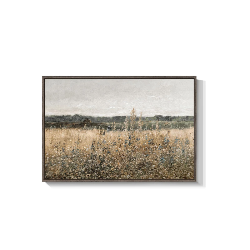 Framed Large Vintage Landscape Canvas Wall Art - Meadow with Flowers, Modern Farmhouse, French Country & Cottagecore Decor, Wall Painting Prints for Living Room, Bedroom, Dining Room, Bathroom, Office