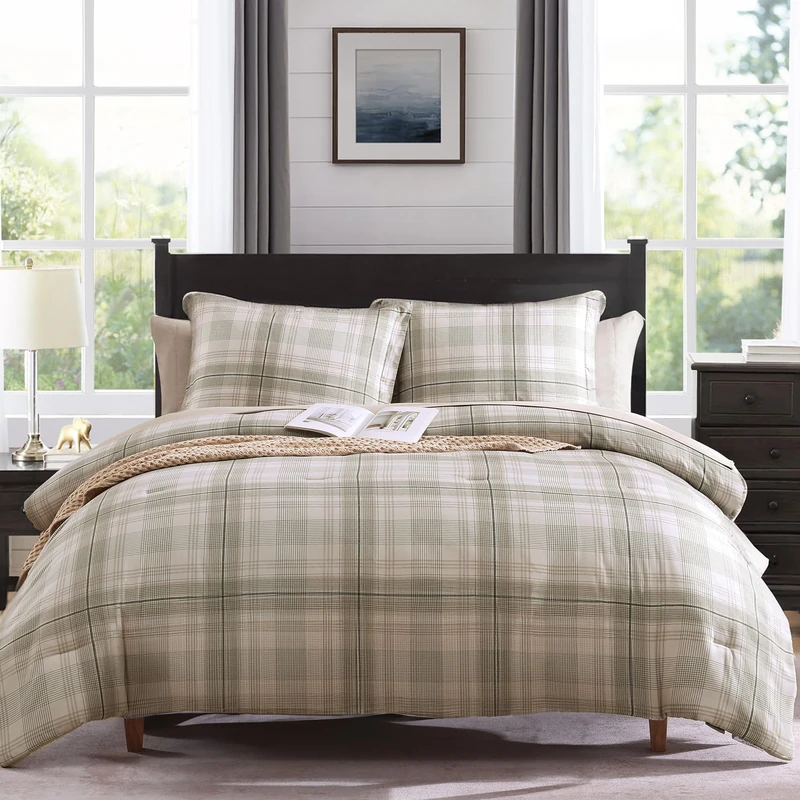MaiRêve Plaid Queen Size Comforter Set Khaki Green 7 Pieces Bed in a Bag