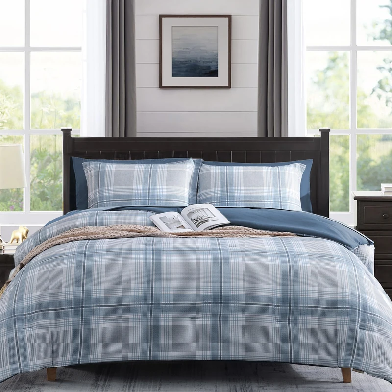 MaiRêve Plaid Queen Comforter Set Light Blue 7 Pieces Bed in a Bag