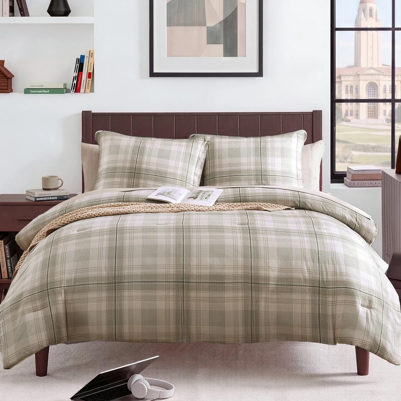 MaiRêve Plaid Full Size Comforter Set Khaki Green 7 Pieces Bed in a Bag