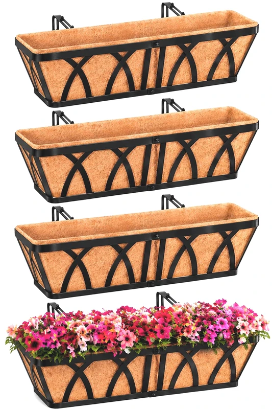 HKZ Deck Balcony Railing Planter Window Boxes - 4 Pack 24 Inch Black/Brown Art Deco Outdoor Rectangular Planter Boxes with Coco Liners
