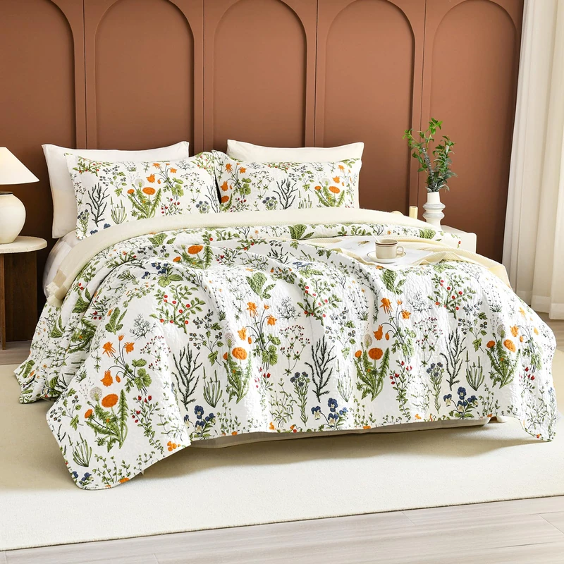 Sanracie 100% Cotton Floral King Quilt Bedding Set,Yellow Flowers Plant Pattern Botanical Printed Green Floral Bedspread for All Season Lightweight Breathable King Coverlet Set 3 Pcs