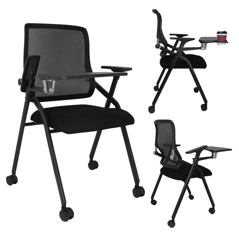 BLANEDUO Updated Conference Room Chairs with Tablet Arm, Folding Office Desk Chair with Lumbar Support and Sliding Armrest with Casters, Stackable Office Guest Chairs & Reception Chairs, 1 Pack Black - Image 1