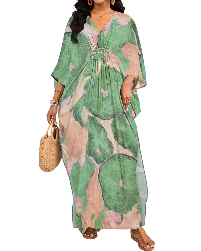 Bsubseach Plus Size Kaftan Dresses for Women V Neck Swimsuit Coverup Floral Print Caftan Maxi Beach Dress Green