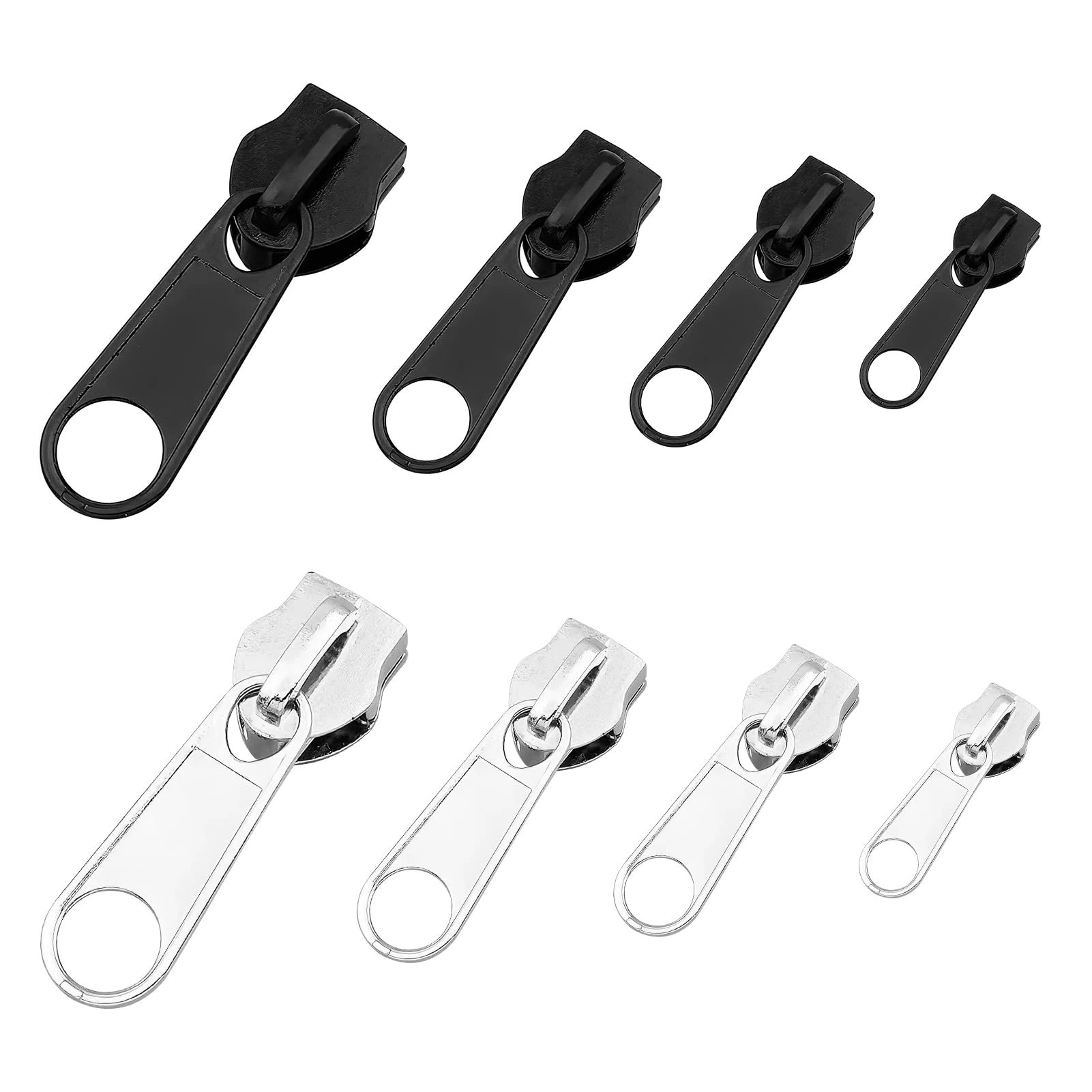 3#5#8#10# Zipper Repair Kit, 8 Pcs Zip Slider Replacement Zipper Head, Black & Silver Zip Repair Set, Zippers Replacement No Tools for Sleeping Bags Tents Coat Luggage Backpacks