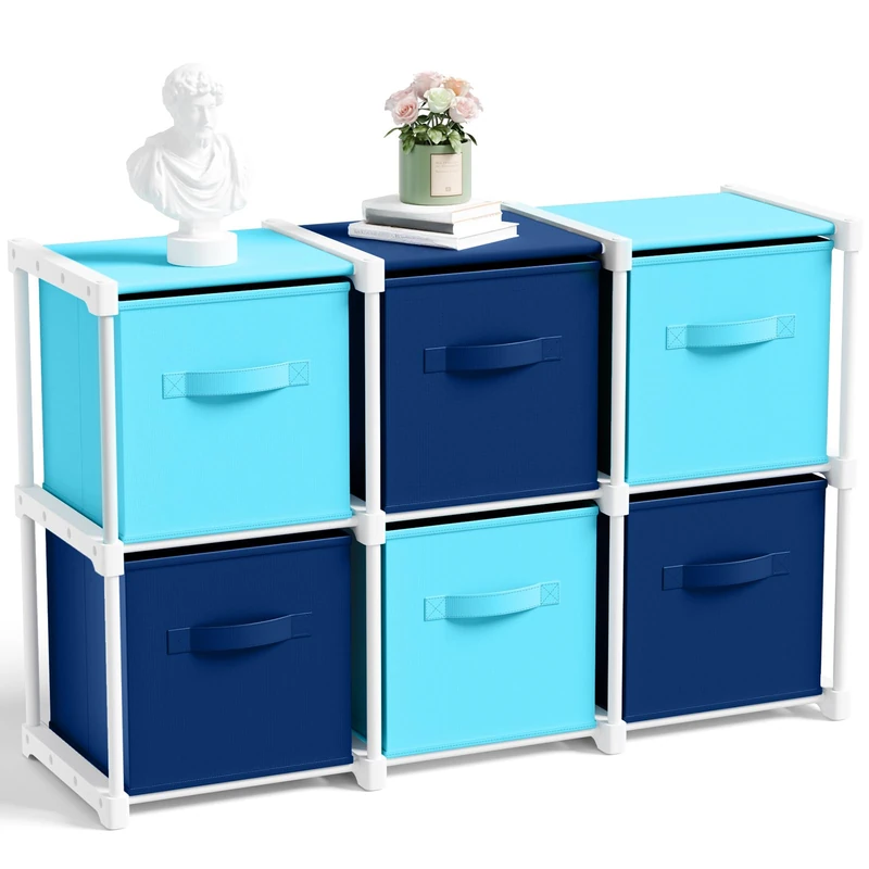 Briwooody 6 Cube Storage Organizer Bins with Shelf 11'' Toy Storage Box Back to School Dorm Organizers Fabric Unit for Playroom Book (Dark Blue,Light Blue)