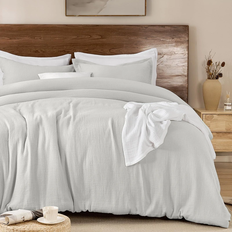 PHF 100% Cotton Muslin Comforter Set King Size – Ultra Soft, Breathable & Lightweight Bedding Set for All Seasons, 3 Pieces (1 Comfy Comforter 104"x90", 2 Pillow Shams 20"x36"), Light Grey