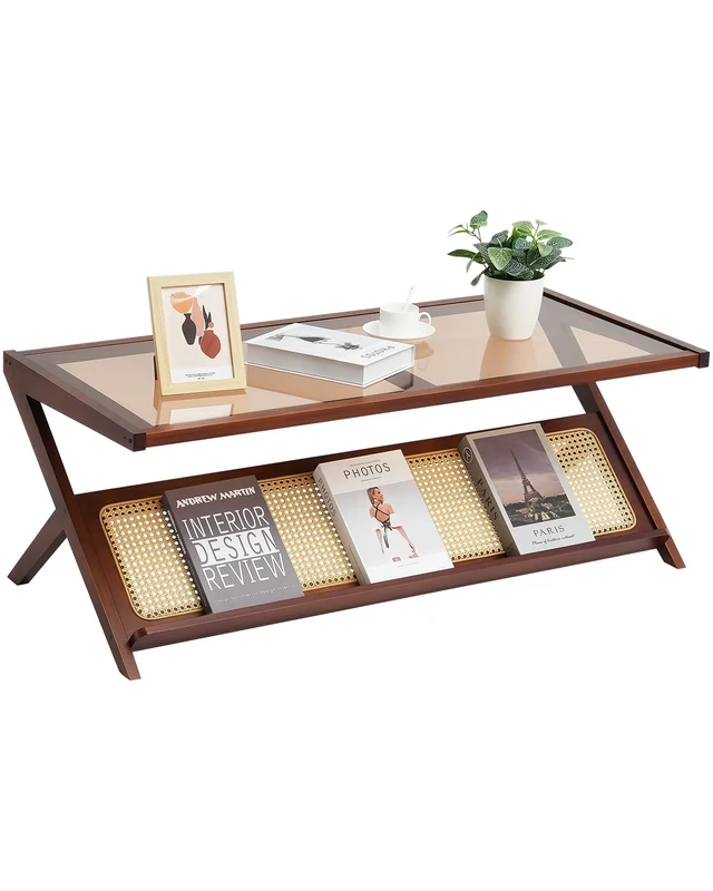VEVOR Rattan Coffee Table, Z-Shaped Boho Modern Storage Coffee Table with Tempered Glass Top, 47” Walnut Natural Bamboo Legs, 24.41” W x 17.1” H x 43.5” D, for Living Room, Bedroom & Small Spaces