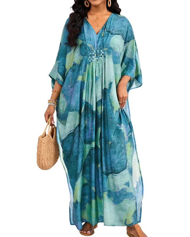 Bsubseach Plus Size Kaftan Dresses for Women V Neck Swimsuit Coverup Floral Print Caftan Maxi Beach Dress Blue