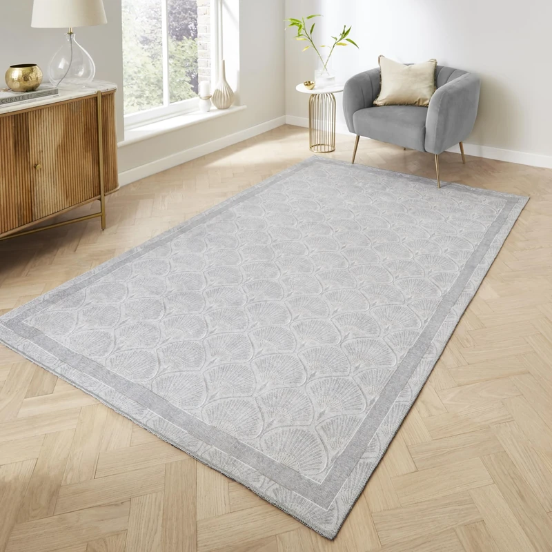 Think Rugs Catherine Lansfield Deco Peacock Washable Rug, Silver - Image 1