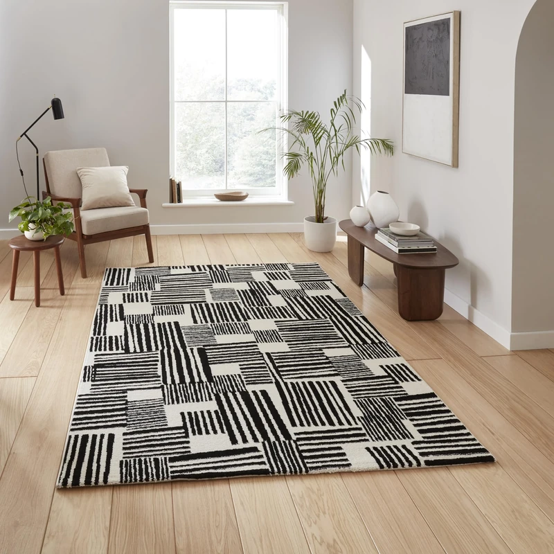 Think Rugs Catherine Lansfield Blocks Modern Abstract Rug, Black/White