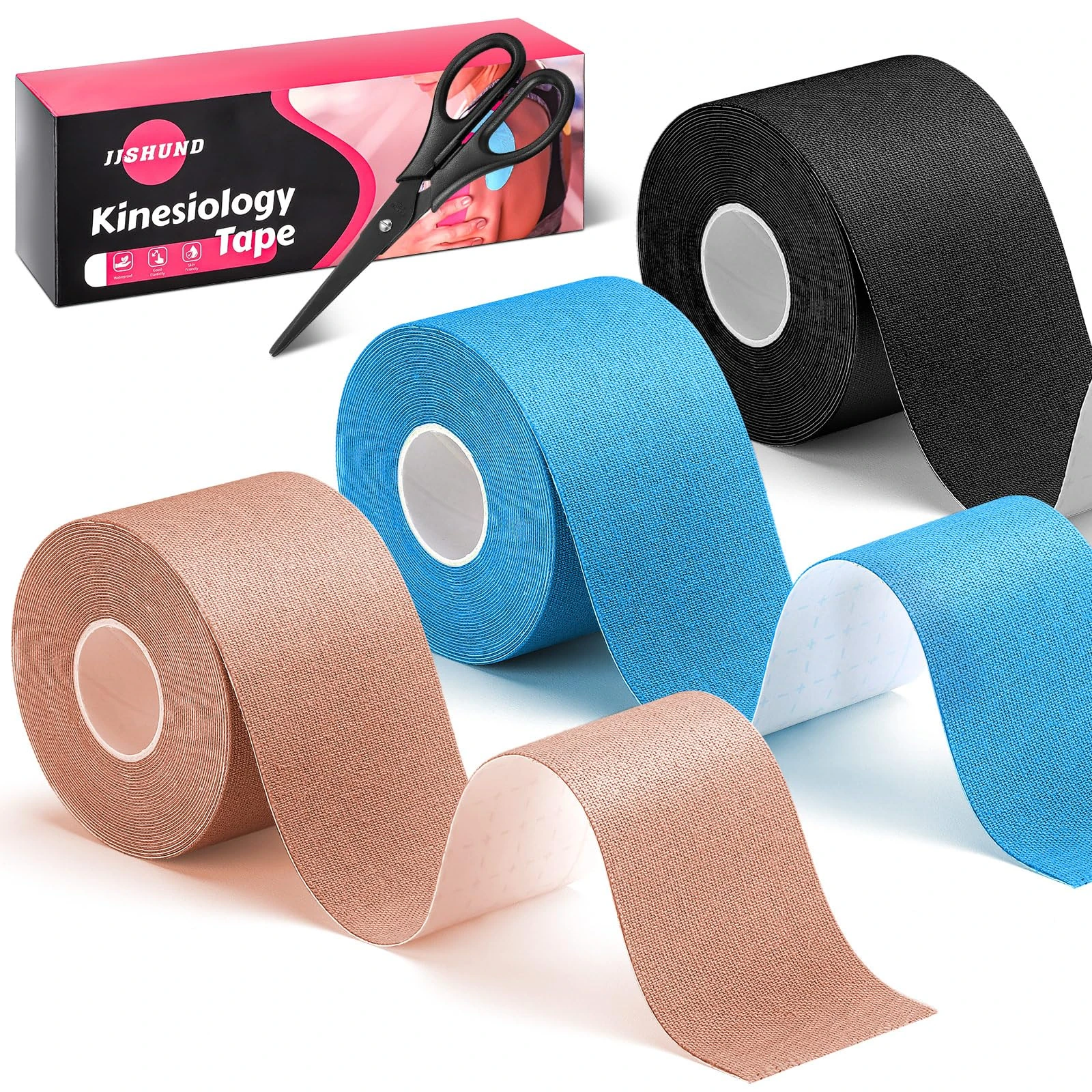 3 Rolls Kinesiology Tape, Athletic Tape Elastic Waterproof Sports Tape 2 Inch x 16 Feet Uncut Strips Muscle Tape with Scissors for Ankle Wrists Knees Shoulders