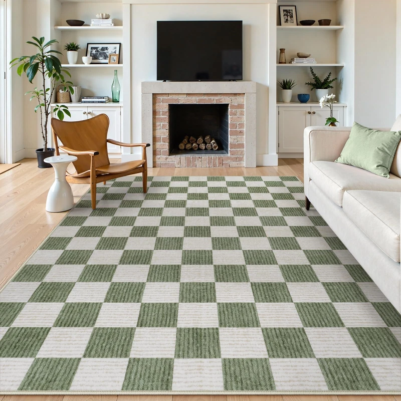 LIVEBOX 8x10 Area Rugs for Living Room, Checkered Non-Slip Washable Rugs, Farmhouse Neutral Classic Geometric Large Boys Area Rug for Bedroom, Carpet for Living Dining Room Office(Green,8'x10')