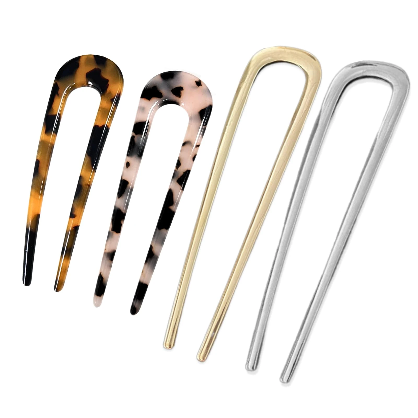 KEYRI 4 PCS French Hair Pins U-Shaped Hair Pins Delicate French Twist Pins for Variety Occasions Gold and Silver Hair Clips Dark and Light Tortoiseshell Clips for Women and Girls (Metal and Acetate)