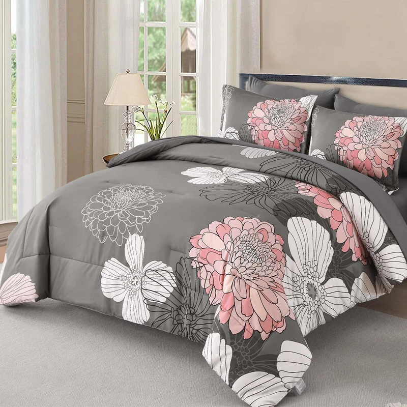 Yiran Grey Pink Comforter King Size 7 Pieces Floral Bed in a Bag Boho Comforter Set Soft Microfiber Bedding Sets for All Season with Flat Sheet Fitted Sheets Pillowcases & Pillowshams