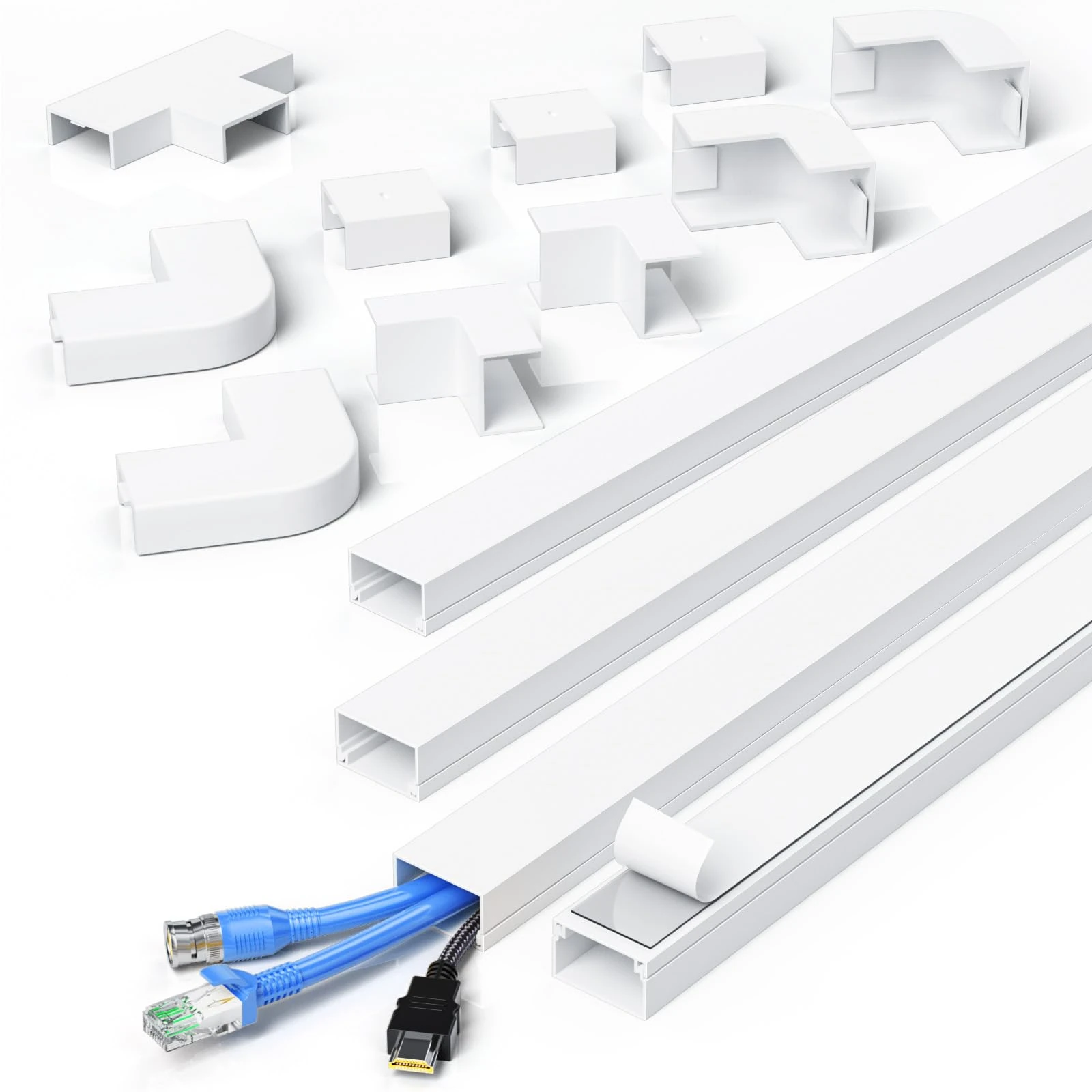 MUDEELA Cable Trunking, 4M Trunking for TV Cables, Self Adhesive Wall Cable Tidy, Cable Management to Hide Wall Mount TV Powers Cords in Home Office, 4X 1M Lengths, W24mm, H14mm, White