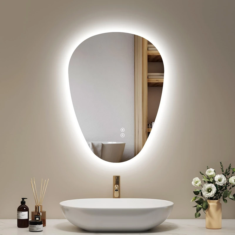 EMKE Bathroom Mirror with Lighting, 60 x 45 cm, Asymmetrical Mirror with Touch, 3 Light Colours, Dimmable, Anti-Fog, Bathroom Mirror with Lighting, IP44, Energy-Saving, LED Bathroom Mirror