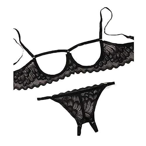 mini kitty Sexy Lace Lingerie Women Floral Strappy Bra and Panties Set Sheer Mesh Babydoll 2 Piece Push Up Underwire Bralette G-String Underwear Naughty Hollow Sleepwear for Party Outfit Valentine