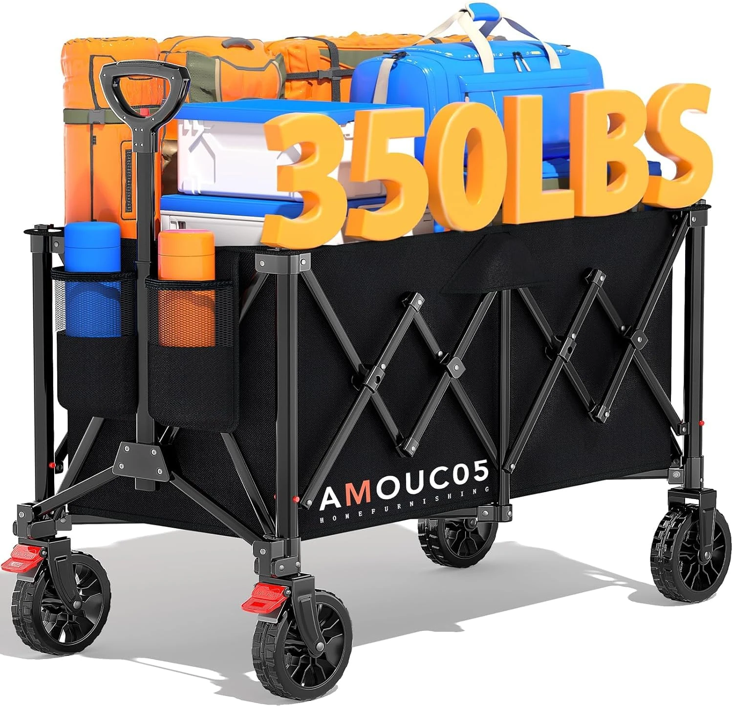 Trolley on Wheels, Heavy-Duty Festival Trolley with 360° Rotating Wheels, Brakes, and Side Storage Pocket, Large-Capacity 150kg Trolleys for Shopping, Park, Camping, Sports, and Outdoor Activities