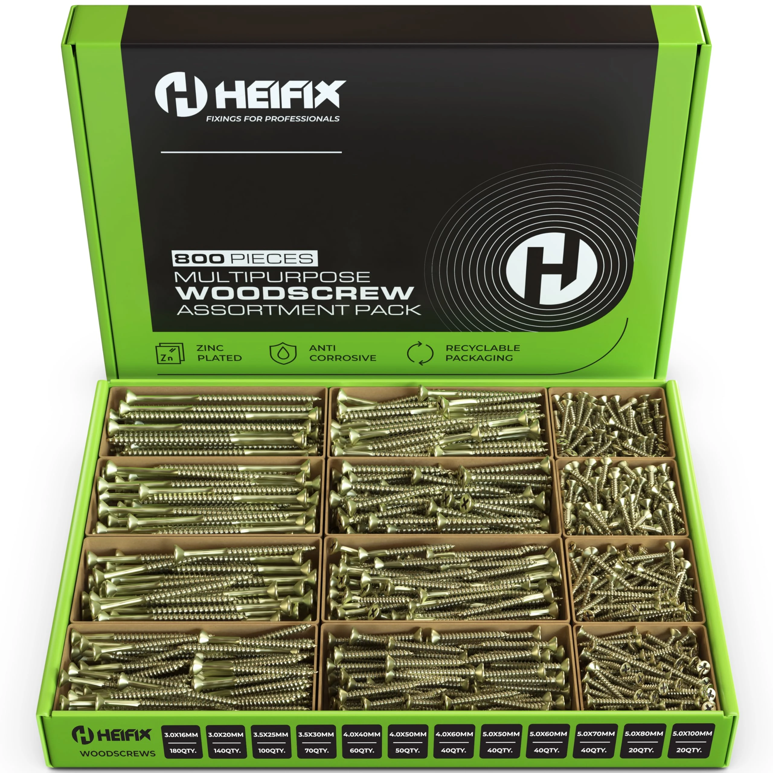 Heifix 800-Piece Wood Screw Assortment Set In Eco Storage Box - FREE Screw Bit Included - Double Countersunk, Pozi, Heavy Duty - For DIY, Floorboard, Wood Fences