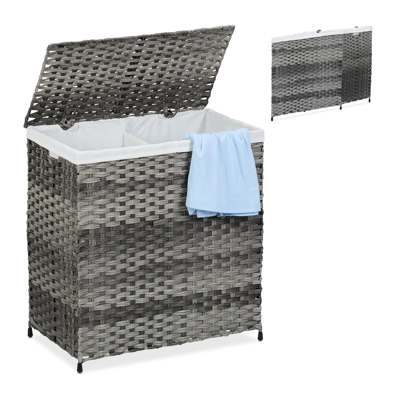Relaxdays Laundry Basket with Lid, Rattan Effect, 110L Sack, 60 x 58 x 34 cm, Washing Bin, 2 Compartments, Grey/Beige