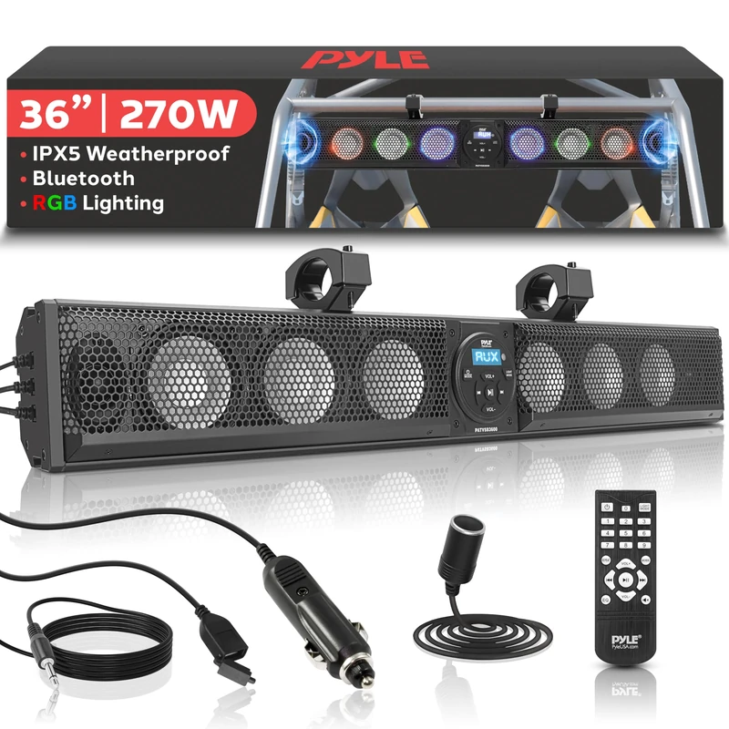 Pyle 91.4 cm Marine Sound Bar Speaker System for ATV/UTV with Bluetooth, 270W Peak, Built-in Amplifier, 6x4 Woofer, 2x1 Heights, Remote Control, USB/AUX Input, Handlebar Mount