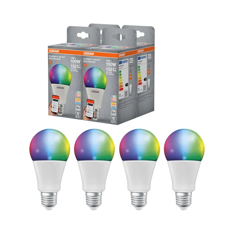 OSRAM Smart+ RGBW, E27 LED lamp with Matter Over WiFi, Specially Designed for Alexa - Easy Setup with one Click, 100W Replacement, Warm White to Cool White (2700-6500K), 16 Million RGB Colors, 4-Pack