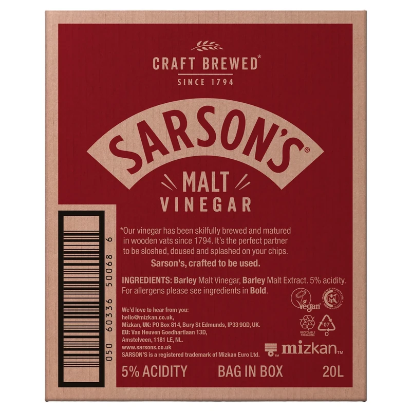Sarson's - Malt Vinegar, 20L CUPAC - British Vinegar - Classic Taste for Chips, Marinades, Condiments - Traditional UK Recipe, Gluten-Free