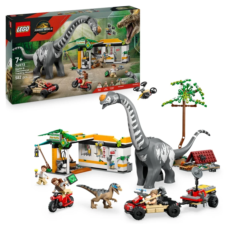 LEGO Jurassic World Raptor & Titanosaurus Tracking Mission - Dinosaur Toy incl. 3 Minifigures, Off-Road Car & Motorbike - Gift for 7+ Year Old Boys & Girls - 76973