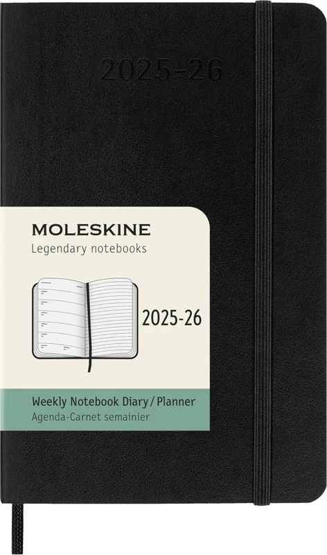 Moleskine Weekly Planner 2025-2026, 18-Month Weekly Planner With Note Space, Soft Cover and Elastic Closure, Pocket 9 x 14 cm, Colour Black
