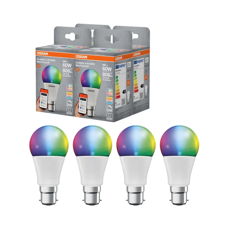 OSRAM Smart+ RGBW, B22d LED lamp with Matter Over WiFi, Specially Designed for Alexa - Easy Setup with one Click, 60W Replacement, Warm White to Cool White (2700-6500K), 16 Million RGB Colors, 4-Pack