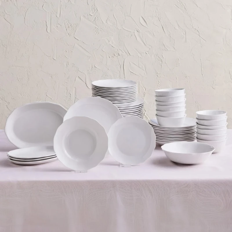 Karaca Rafaela Porcelain Dinnerware Sets - 53-Piece Dinner Set - White Kitchen Plates and Bowls Set - Dining Set for 12 People, Dinner Plates, Pasta Bowls, Salad Bowl, Side Plates Modern Crockery