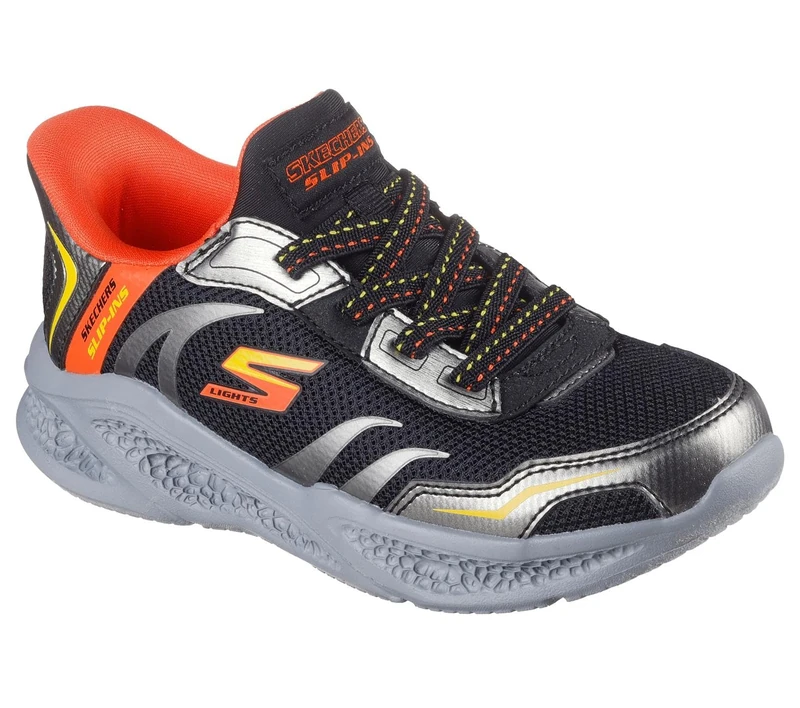 Skechers Boy's Meteor-Lights Brisk-Beams Sneakers, Black Synthetic/Silver Textile/Orange & Y, 2 UK Child