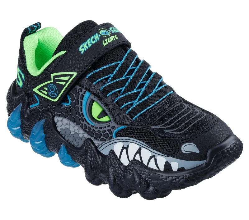 Skechers Boy's Skech-O-Saurus Lights 2.0 Sneakers, Black Synthetic/Textile/Blue & Lime Trim, 1 UK Child