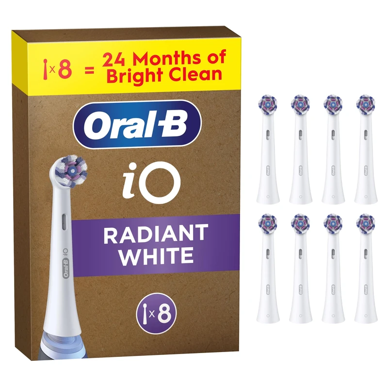 Oral-B iO Original Electric Toothbrush Heads, Pack of 8 Toothbrush Heads with Angled Bristles for Deep Plaque Removal & Polishing Petals for Teeth Whitening, for Oral B iO Series Radiant White