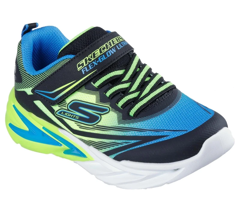 Skechers Boy's Flex-Glow Ultra Sneakers, Black Synthetic/Blue & Lime Textile/Silve, 2 UK Child