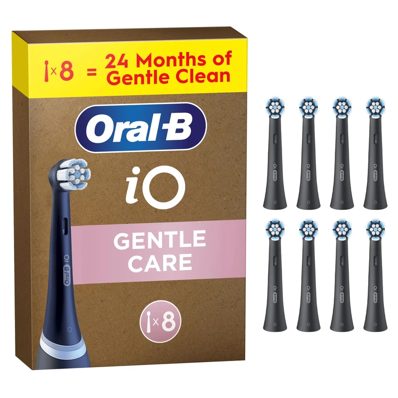 Oral-B iO Gentle Care Original Electric Toothbrush Heads, Black, Pack of 8 Oral B Replacement Toothrush Heads with Extra Soft Bristles for Sensitive Gums & Gentle Plaque Removal, Packaging May Vary