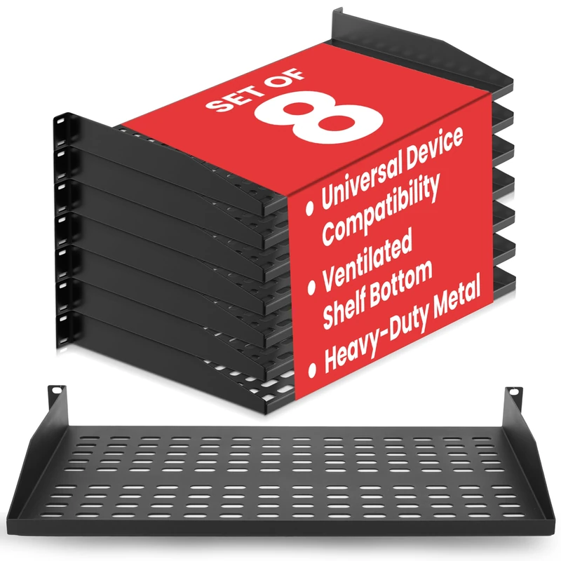 Pyle 1U Server Rack Shelf 19 inch– 8-Pack Vented Mount Shelves, 48cm, 50kg Capacity, Computer and Server racks, Fits AV, Computer, Network Cabinets