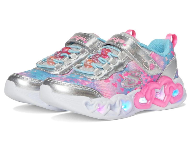 Skechers Girl's Infinite Heart Lights Heart Jewels Sneakers, Silver Sparkle Mesh/Multi Trim, 3 UK Child