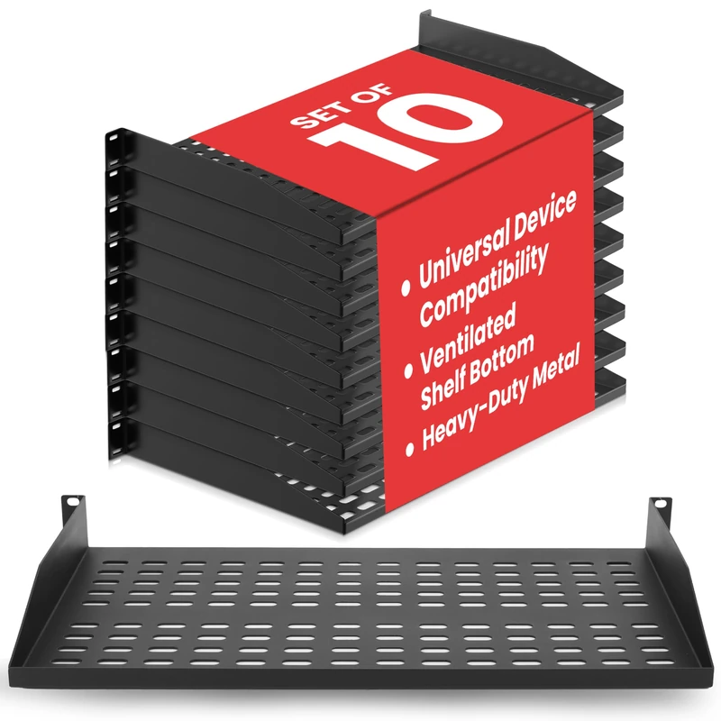 Pyle 1U Server Rack Shelf 19 inch– 10-Pack Vented Mount Shelves, 48cm, 50kg Capacity, Computer and Server racks, Fits AV, Computer, Network Cabinets