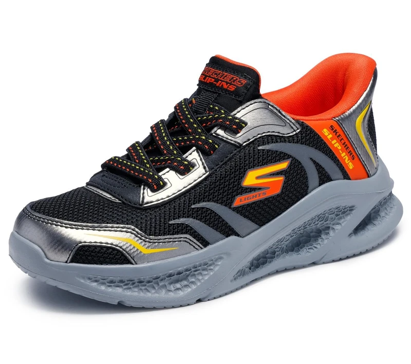 Skechers Boy's Meteor-Lights Brisk-Beams Slip-in Trainers, Black Synthetic/Silver Textile/Orange & Y, 9.5 UK Child